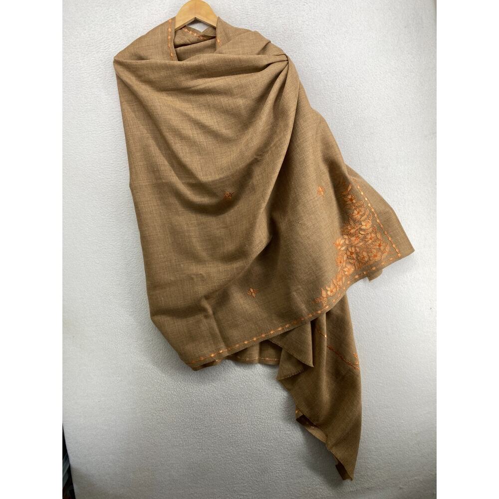 Wool Scarf Shawl Kashmiri Wrap Embroidered Floral Oversized Fringe Camel Brown - Picture 4 of 11